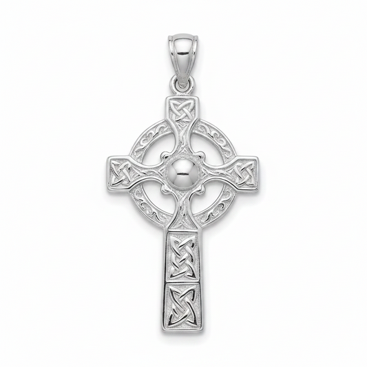 Silver Celtic Cross Pendant with intricate knotwork detailing and polished finish