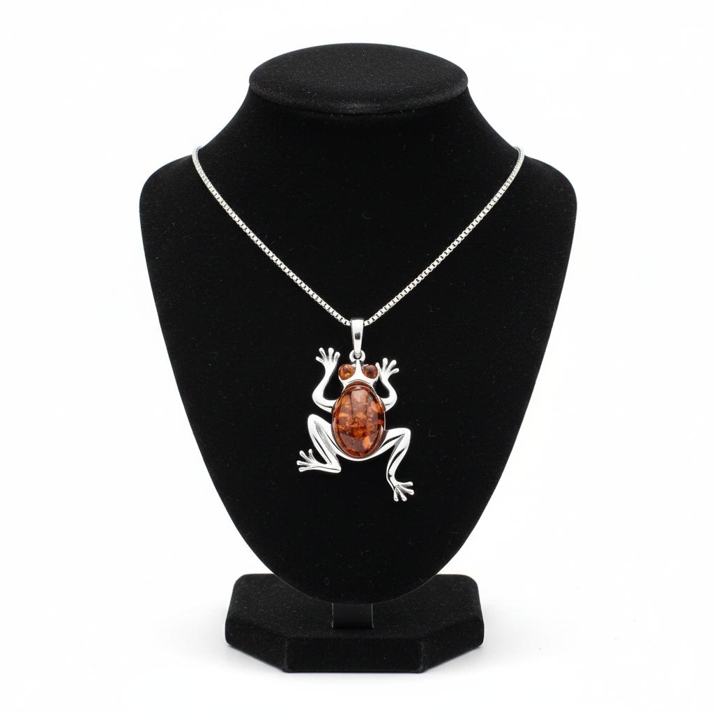 J R Jewellery Silver Necklace featuring a frog pendant with amber detail, perfect for pairing with silver earrings sterling