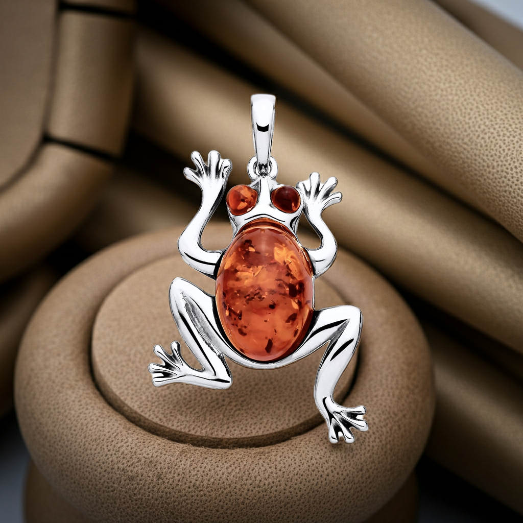 Sterling silver frog pendant with amber gemstone for unique silver earrings sterling style
