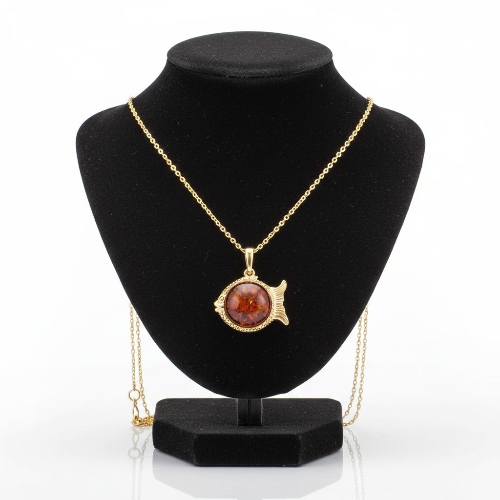 J R Jewellery Silver Necklace with Gold Fish Pendant and Red Centre, perfect with silver earrings sterling