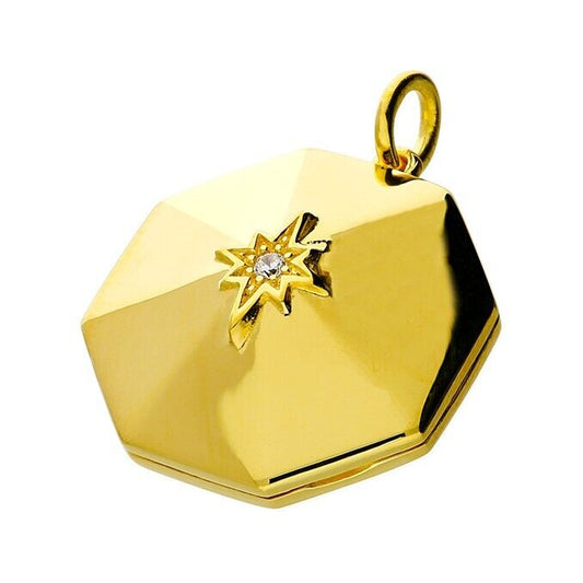 Elegant Silver Locket 18ct Gold Plated Octagonal with Star Design and Space for Personalised Photos