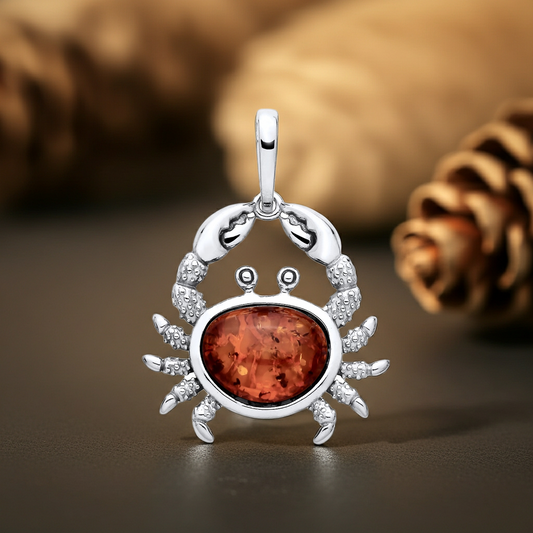 J R Jewellery silver necklace sterling silver with crab design and amber gemstone embellishment