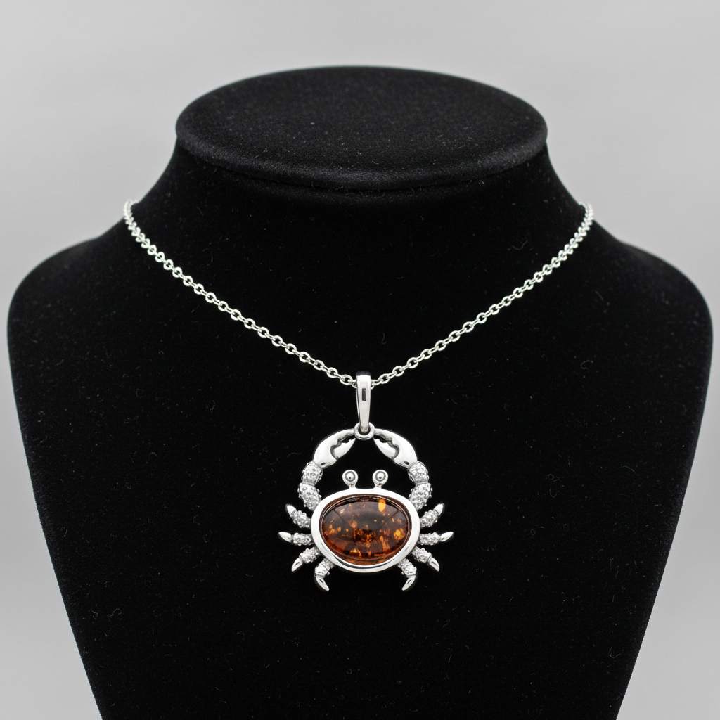 Silver necklace sterling silver featuring a crab design with amber inlay on a stylish chain