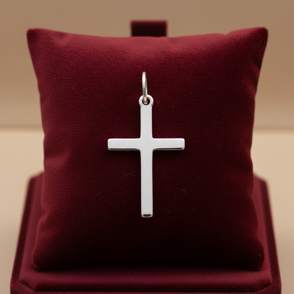 Silver Plain Cross Pendant displayed on a plush burgundy cushion for elegant presentation