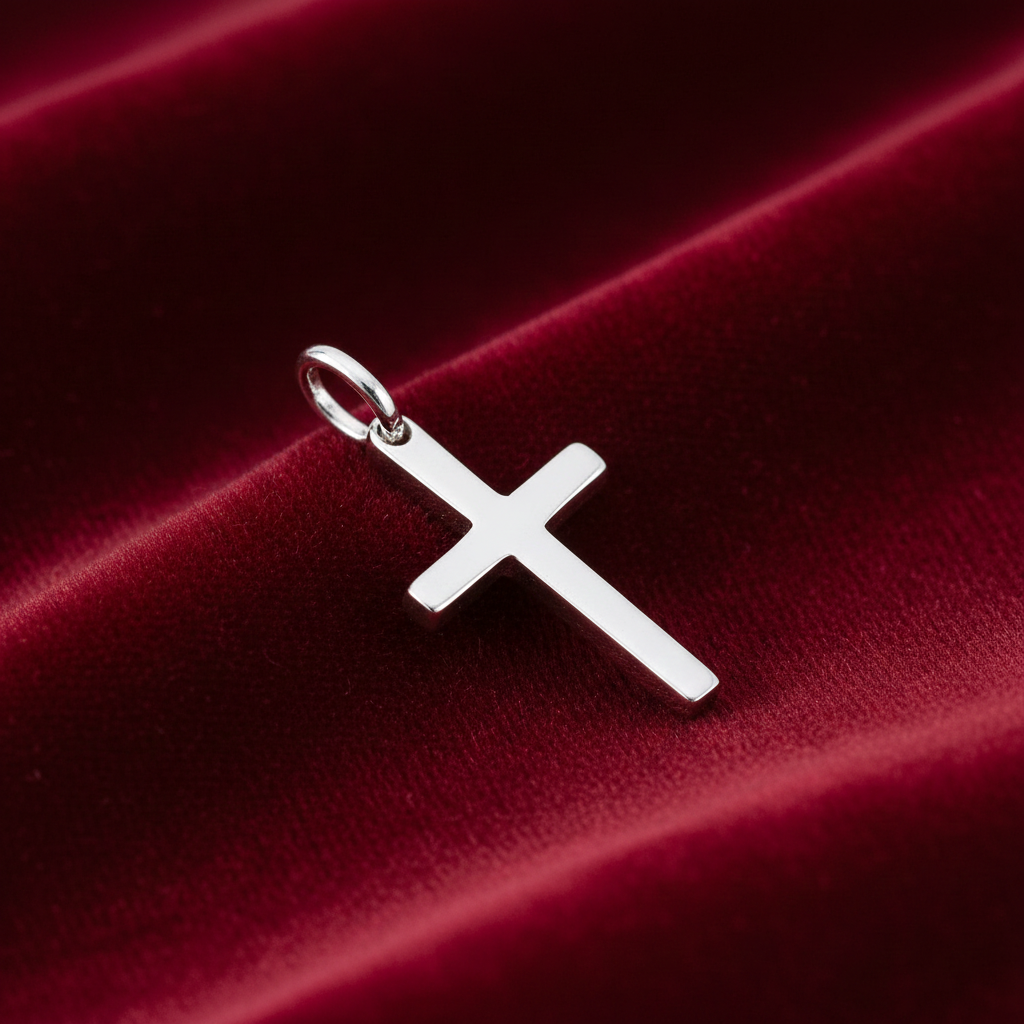 Elegant Silver Plain Cross Pendant displayed on luxurious burgundy fabric