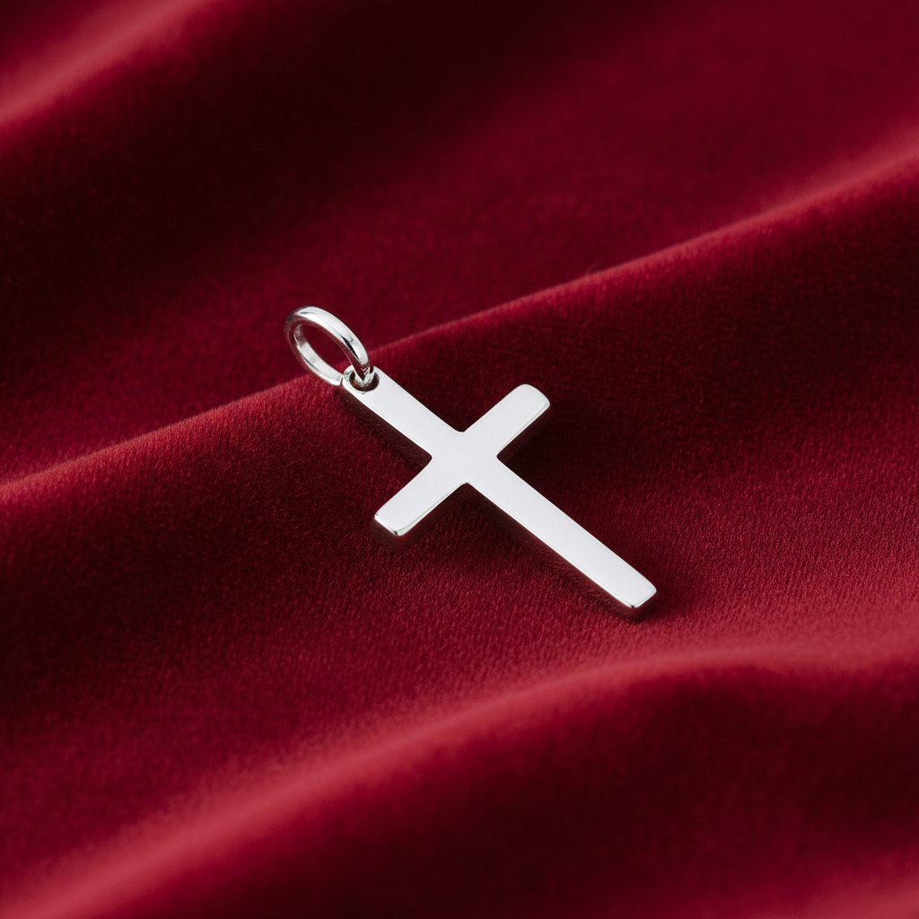 Sleek Silver Plain Cross Pendant resting on luxurious red velvet fabric for stylish jewellery lovers