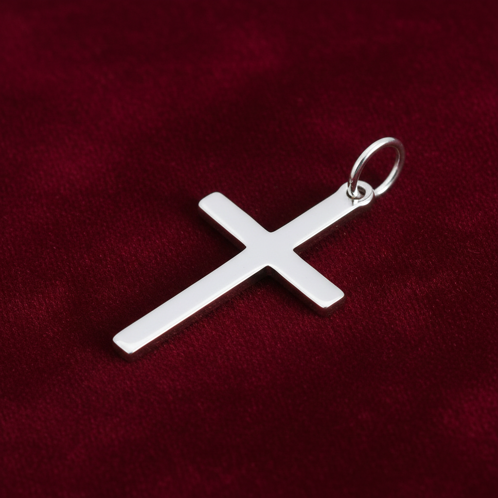 Silver Plain Cross Pendant by J R Jewellery on a rich red velvet background