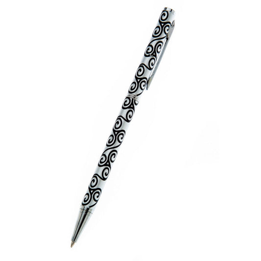 Silver plated triskele pen with black Celtic spiral designs by J R Jewellery