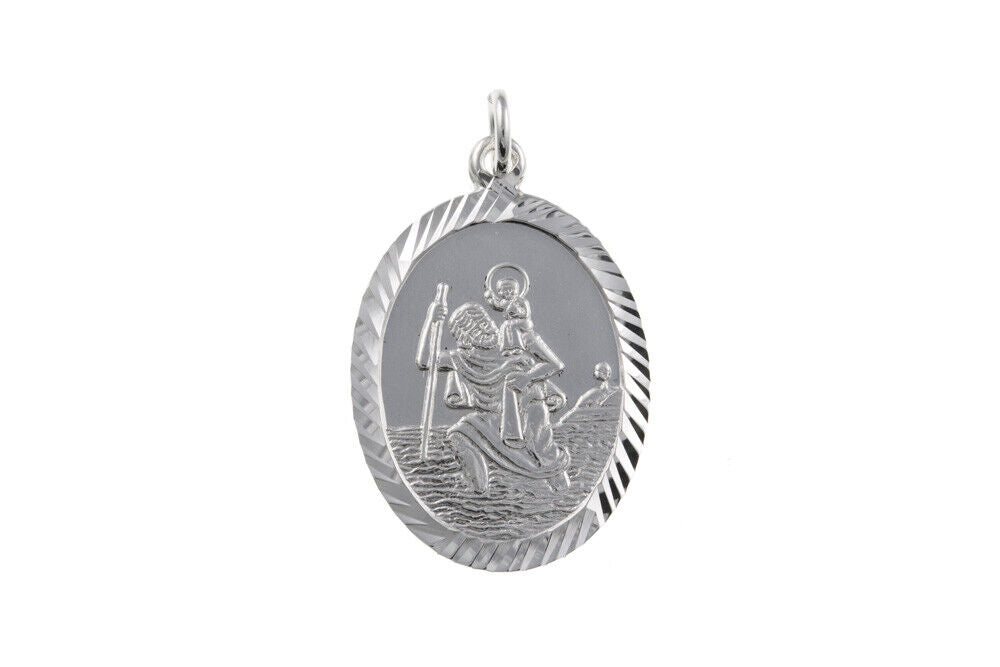 J R Jewellery silver St Christopher pendant with detailed oval design and polished finish