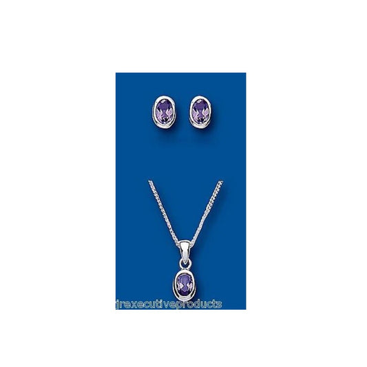 Amethyst Pendant and Drop Earrings Set Solid Silver Solitaire