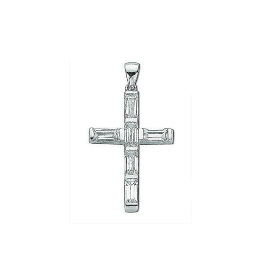 Sterling Silver Baguette Cut Cross Pendant 925 Hallmark 31 x 15mm