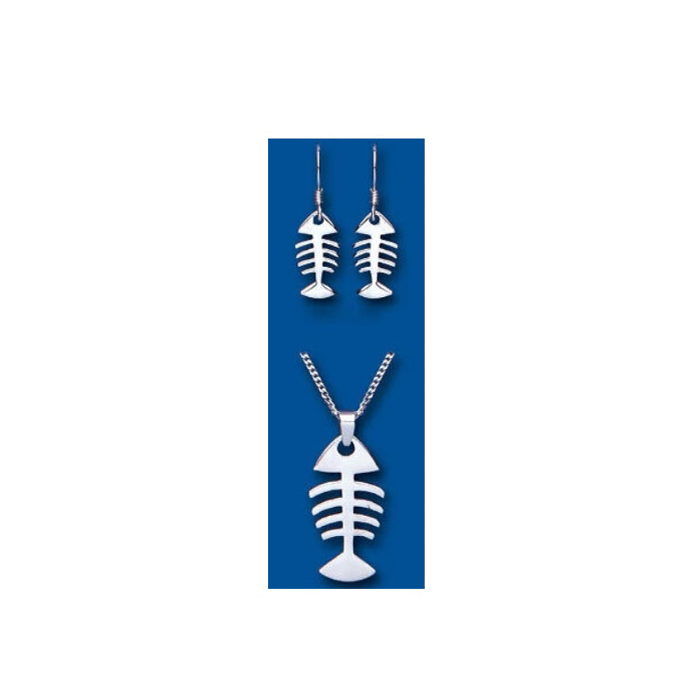Silver Fishbone Pendant and Earrings Set Solid Sterling Silver 925 16 - 18"