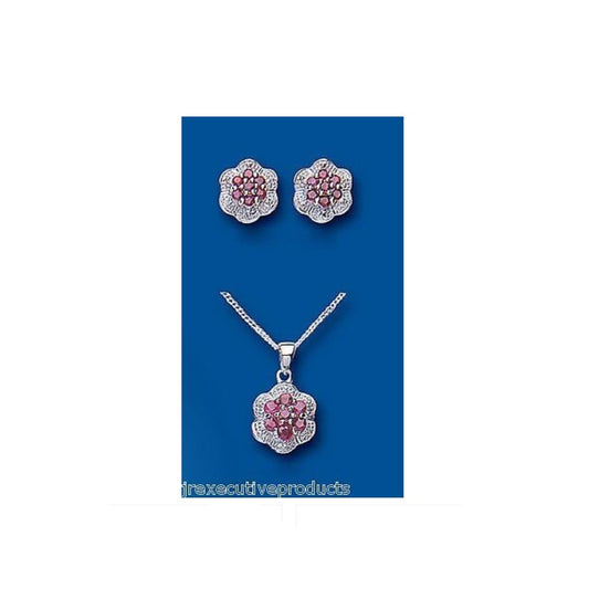 Ruby and Diamond Set Solid Sterling Silver Pendant and Stud Earrings
