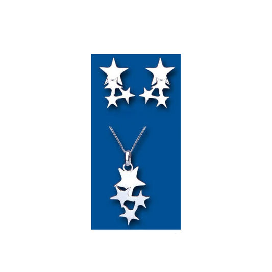 Silver Multi Star Pendant and Earrings Set Solid Sterling Silver 925 16 - 18"