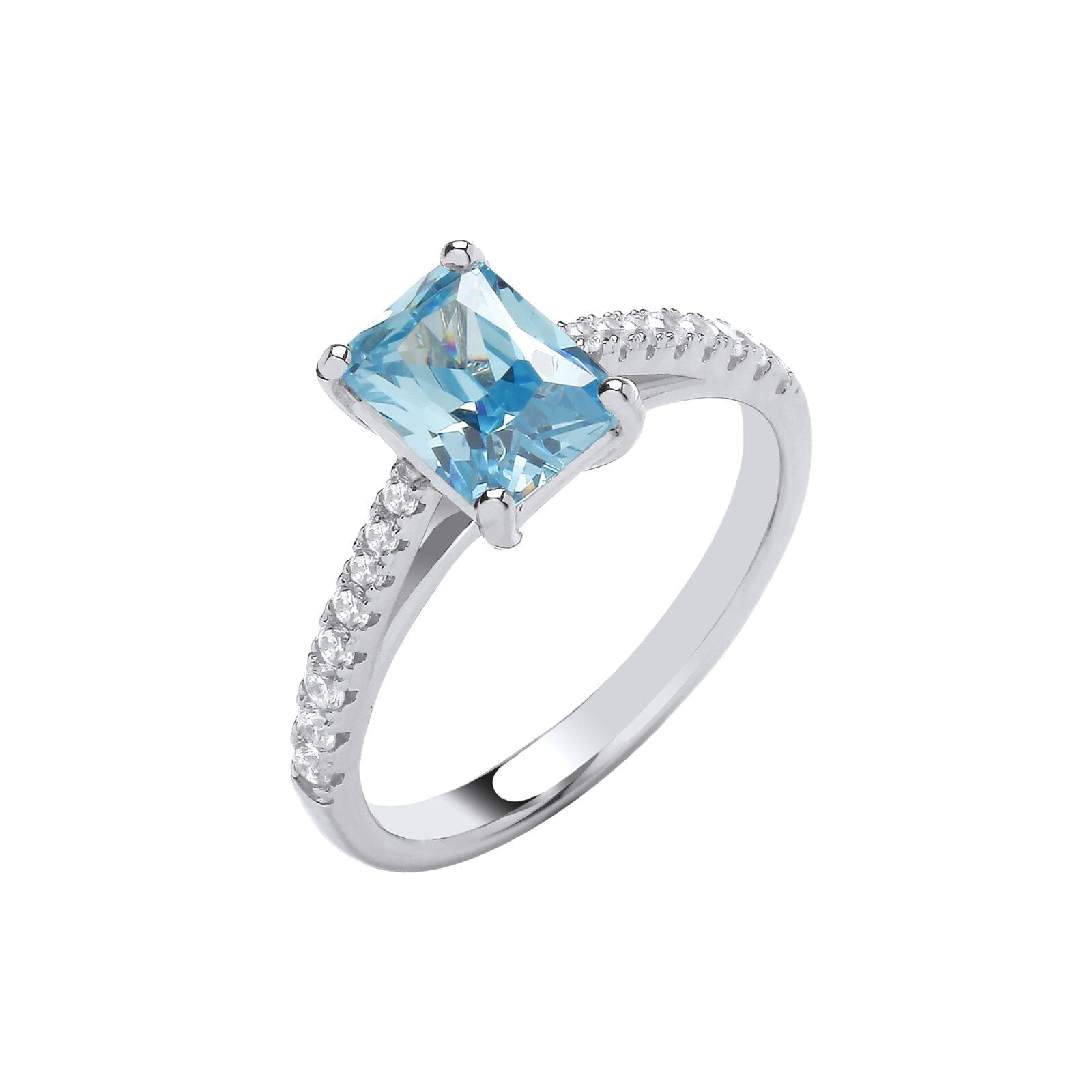 J R Jewellery sterling silver blue topaz ring with emerald cut topaz and pave set cubic zirconia shoulders