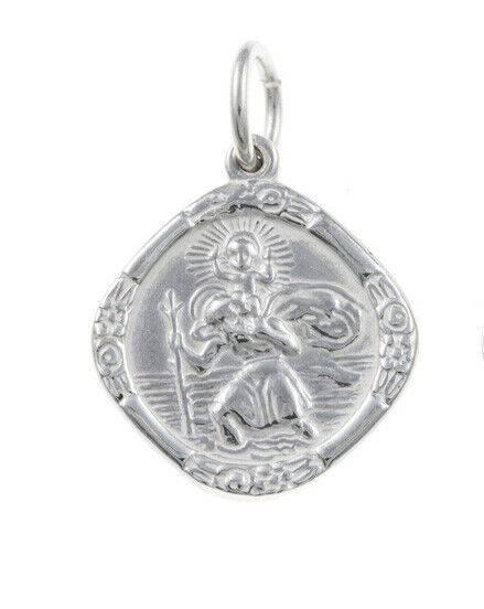 J R Jewellery sterling silver St Christopher pendant quatrefoil medallion with floral border and top loop