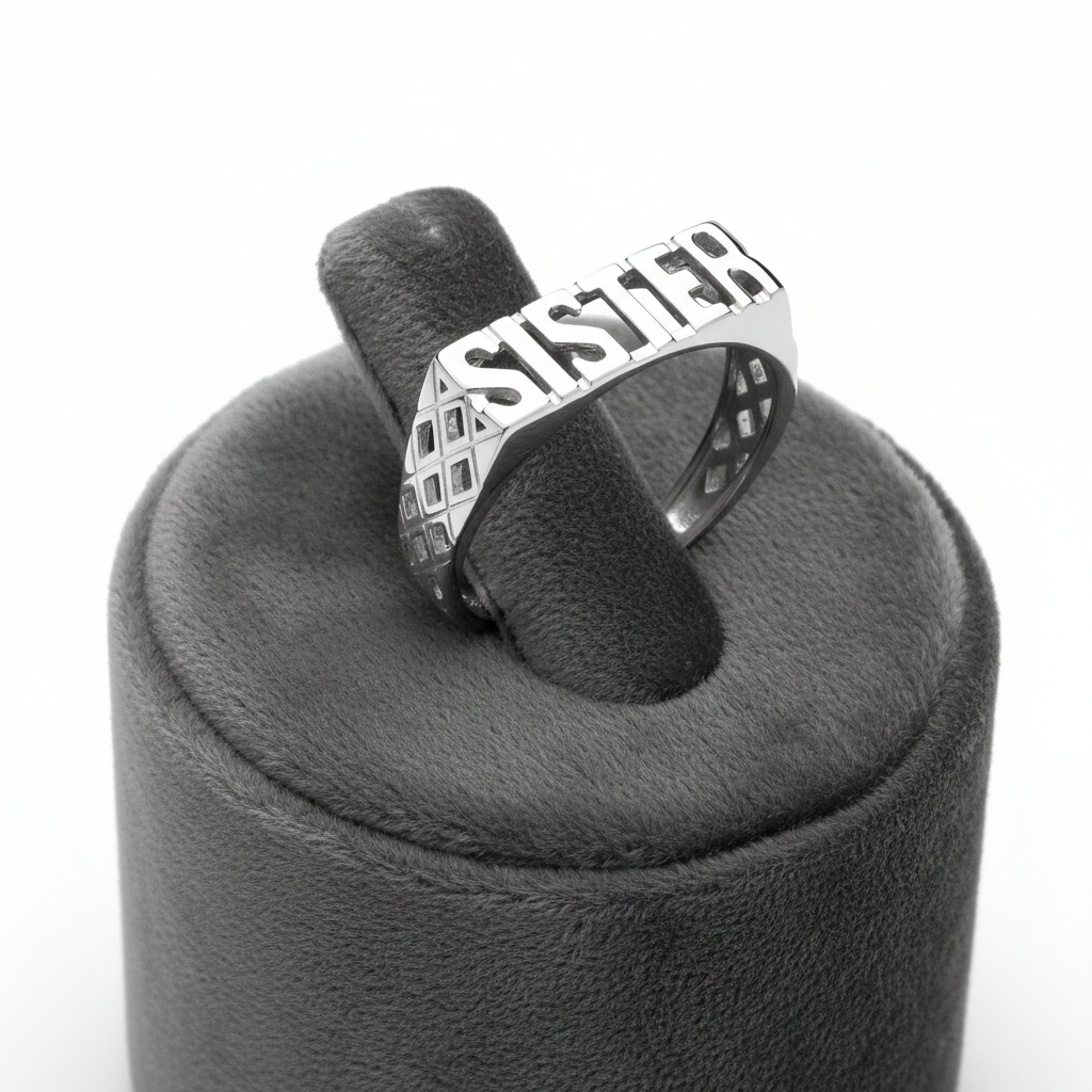 SISTER Ring Solid Sterling Silver displayed on a jewellery stand with a textured finish