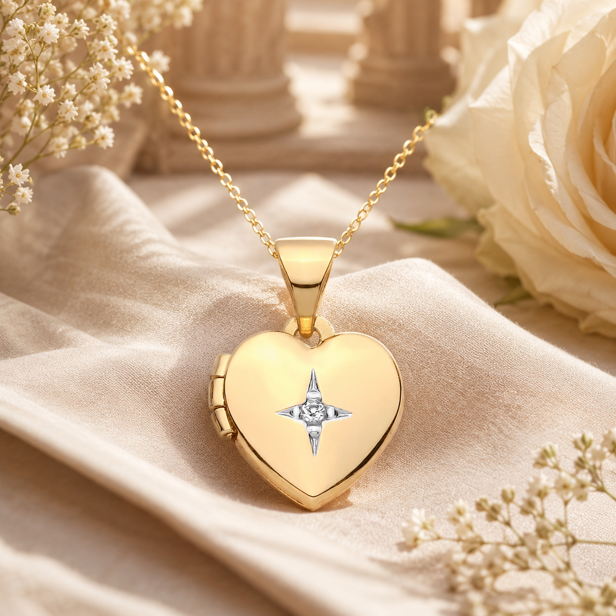 Small Heart Gold Locket with a diamond star design, elegantly displayed with flowers and soft fabric