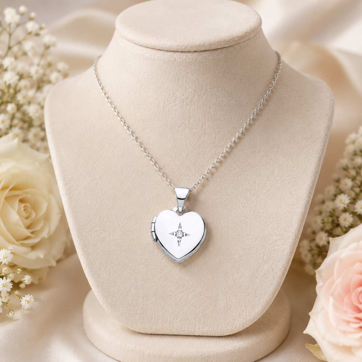 Small Heart Silver Locket on a delicate chain displayed on a soft velvet bust