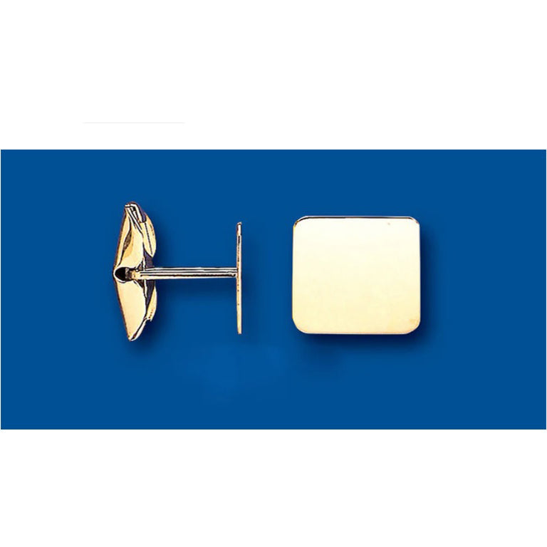 J R Jewellery solid gold cufflinks UK with square smooth polished finish on blue background