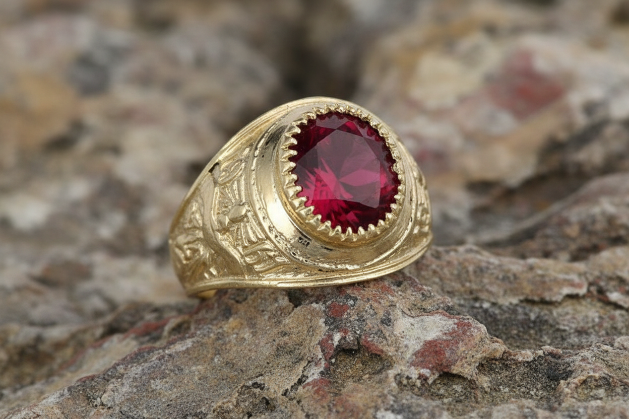 Solid Gold College Ring Graduation University Men's Red Stone Heavy Hallmarked