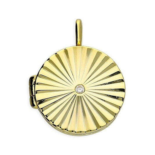 Solid Sterling Silver 18ct Gold Plated Locket with a ribbed design and a sparkly stone centre