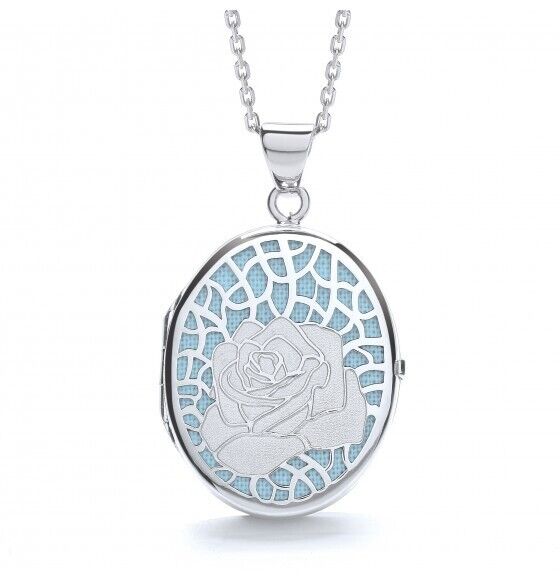 Solid Sterling Silver Blue Rose Oval Locket with Intricate Design and Chain