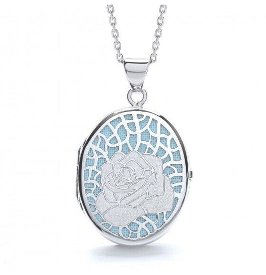 Solid Sterling Silver Blue Rose Oval Locket with Intricate Design and Chain