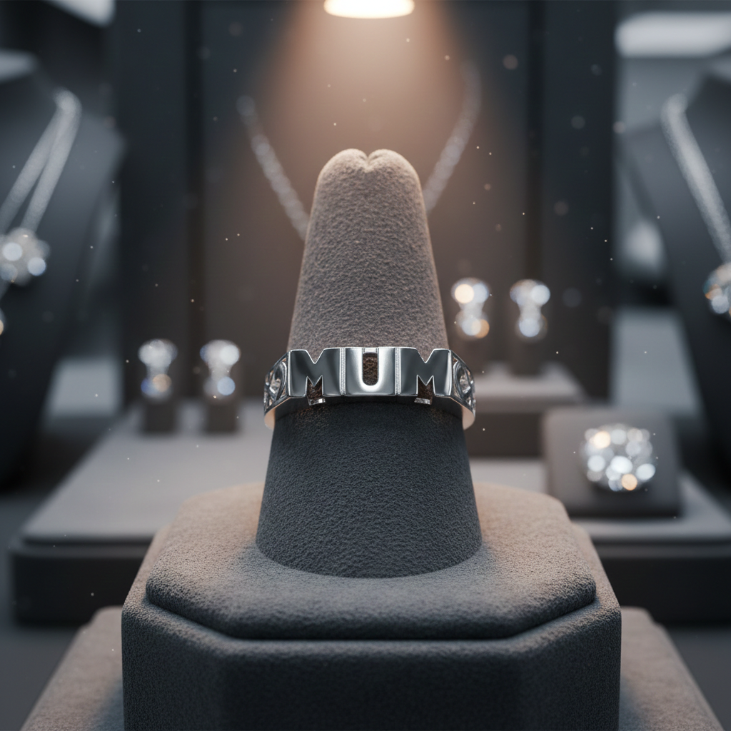 Solid sterling silver mum ring showcased on a display stand with sparkling diamonds