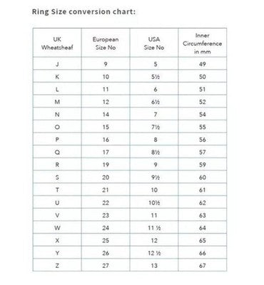 Ring size conversion chart for solid sterling silver mum ring in various sizes for UK, European, and USA measurements