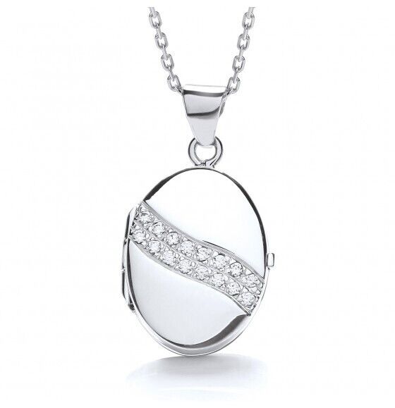 Elegant solid sterling silver oval locket with a sparkling design and matching chain for a timeless look