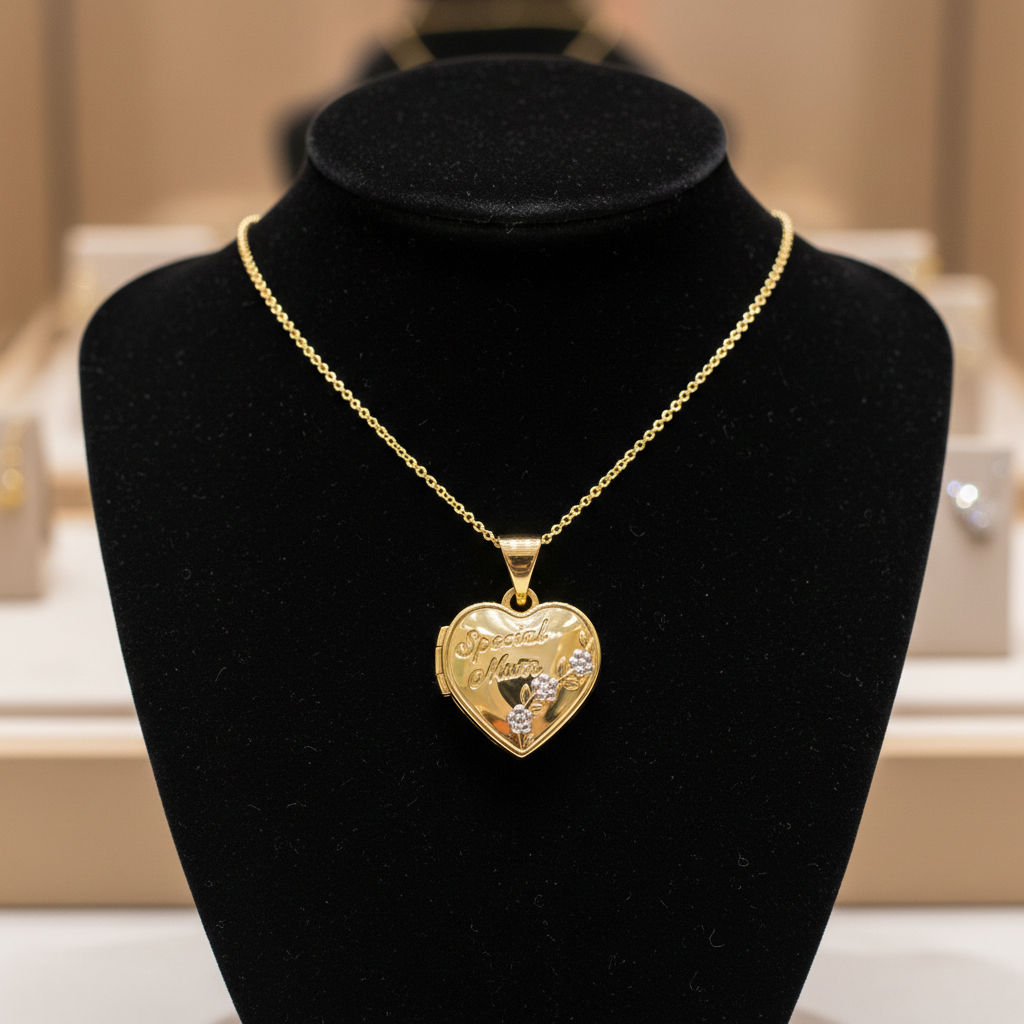 Gold Special Mum Heart Locket on a Chain Displayed Elegantly at J R Jewellery