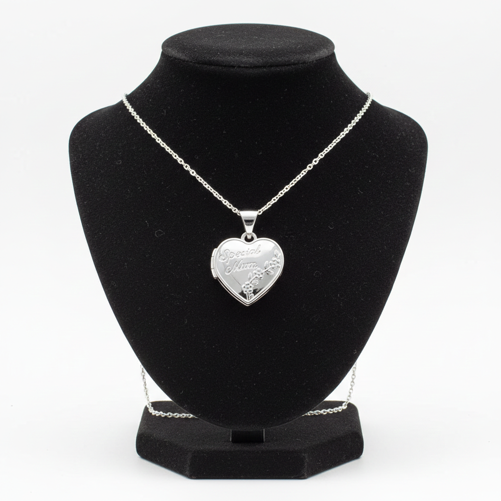 J R Jewellery Special Mum Heart Locket on a silver chain displayed on a black neck stand