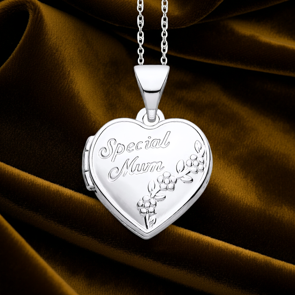 J R Jewellery Silver Necklace featuring a Special Mum Heart Locket with floral design