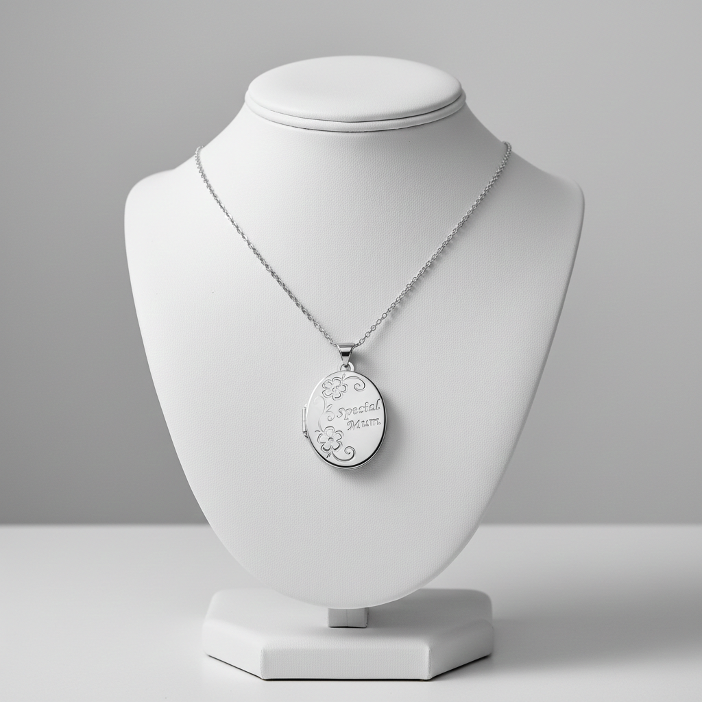 Elegant silver necklace featuring a Special Mum Oval Locket on a display bust