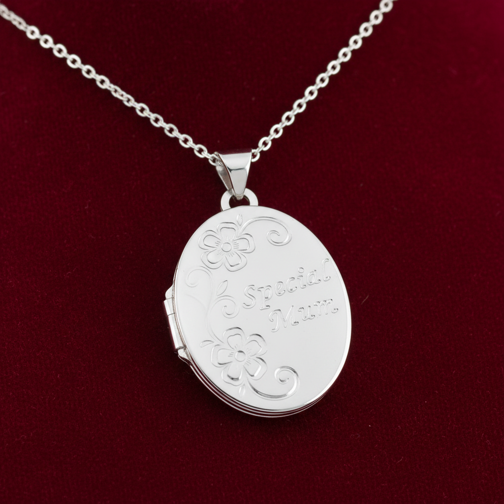 Silver Special Mum Oval Locket Necklace with Floral Engraving on a Silver Chain