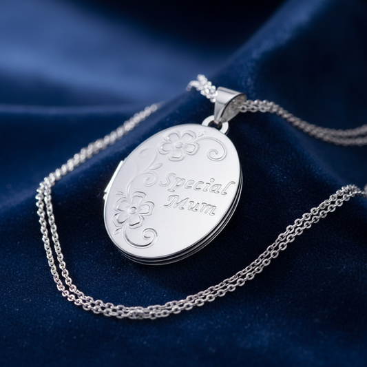 J R Jewellery Special Mum Oval Locket Necklace with intricate floral design on a silver chain