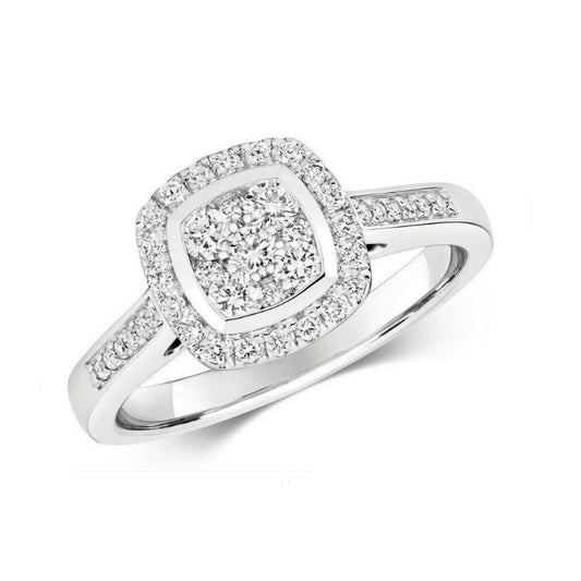 Real Diamond Ring 9ct White Gold Square Cushion Cluster Halo 0.50 Carat Weight