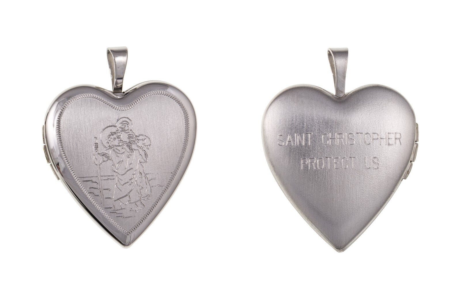 St Christopher Heart Locket in Silver Finish with Detailed Engraving and Protective Inscription