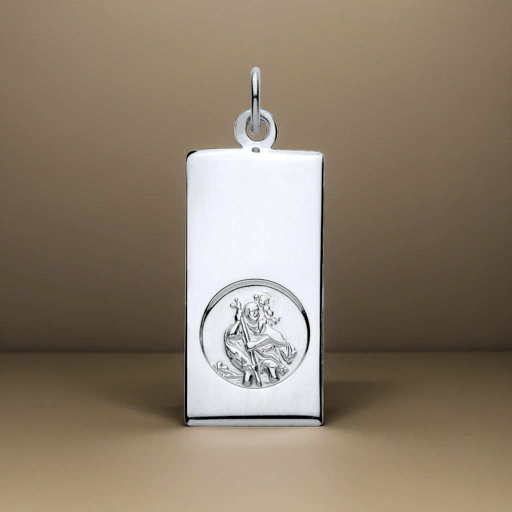 Elegant St Christopher Ingot Pendant in polished silver featuring a detailed saint image