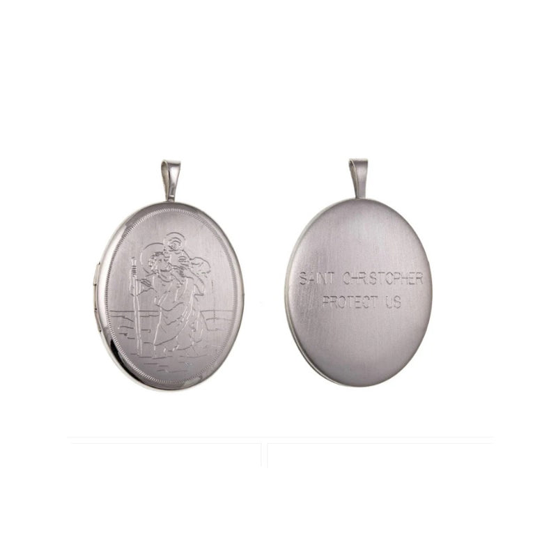 St Christopher Oval Locket in silver featuring intricate engravings and a protective message