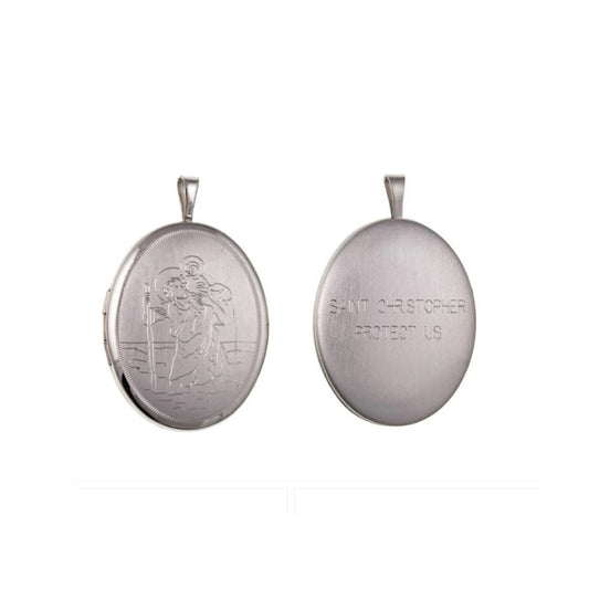 St Christopher Oval Locket in silver featuring intricate engravings and a protective message