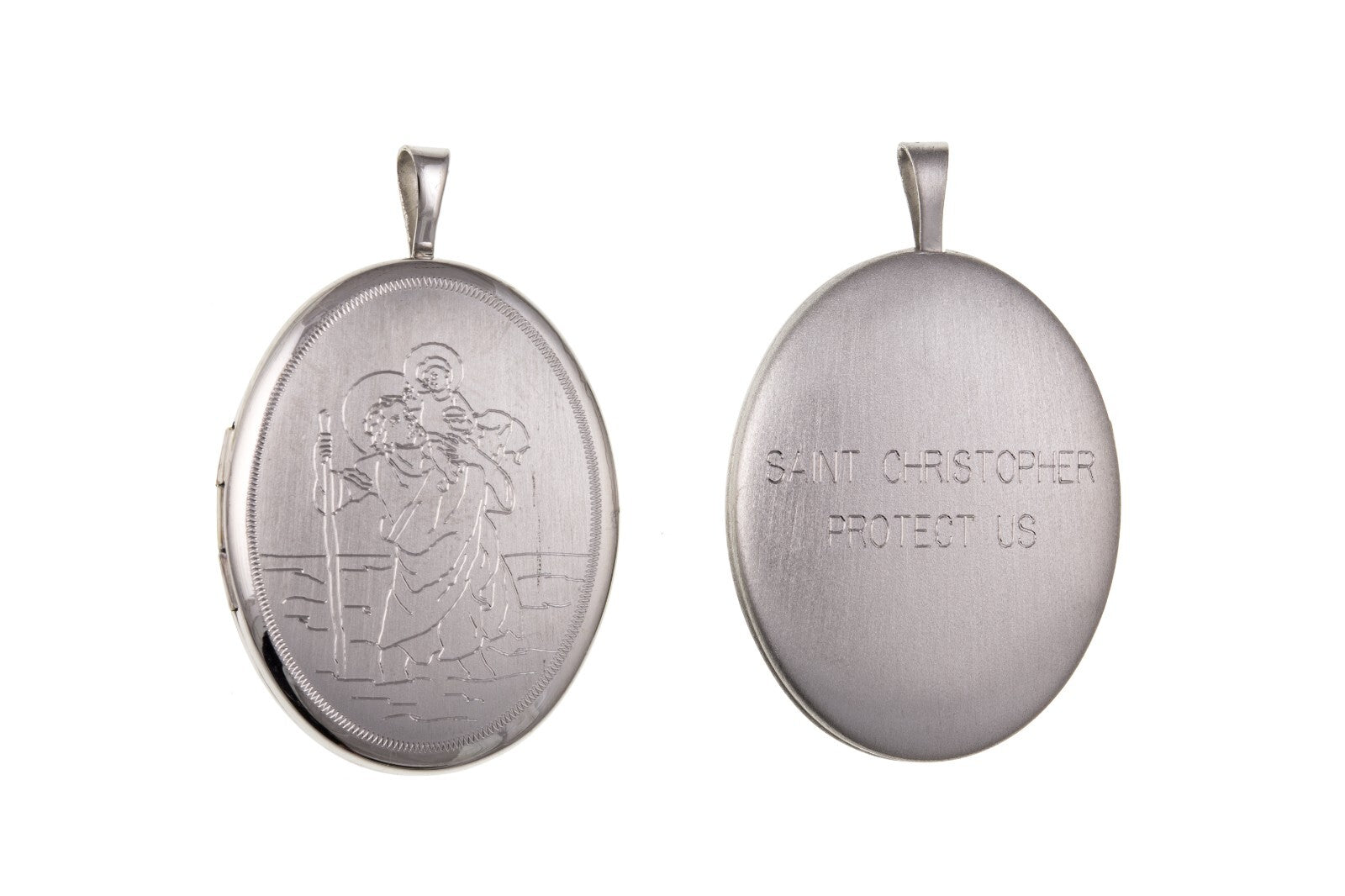 St Christopher Oval Locket featuring detailed engraving and protective message on the back
