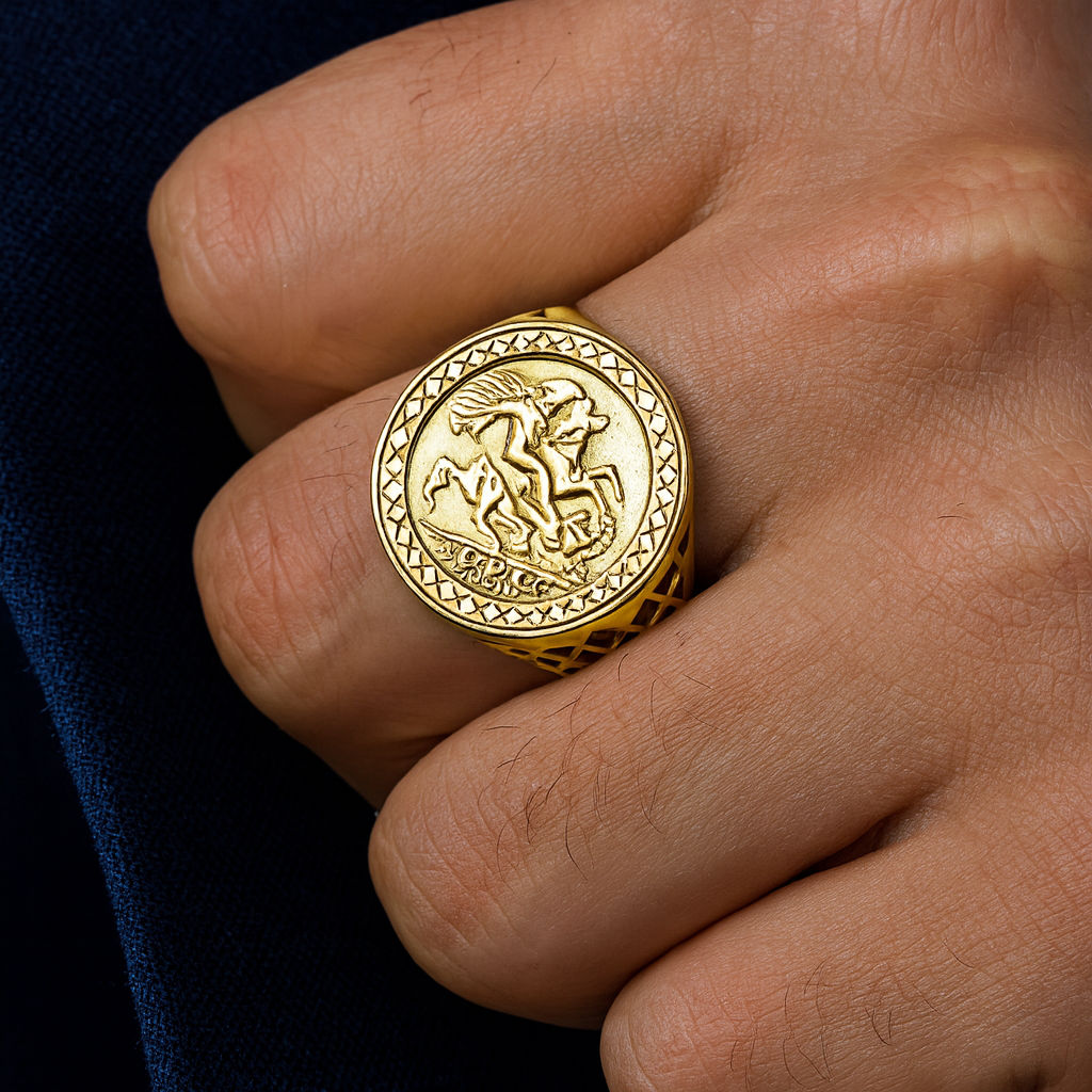 St George Coin Ring 18ct Yellow Gold, featuring intricate detailing on a classic coin design