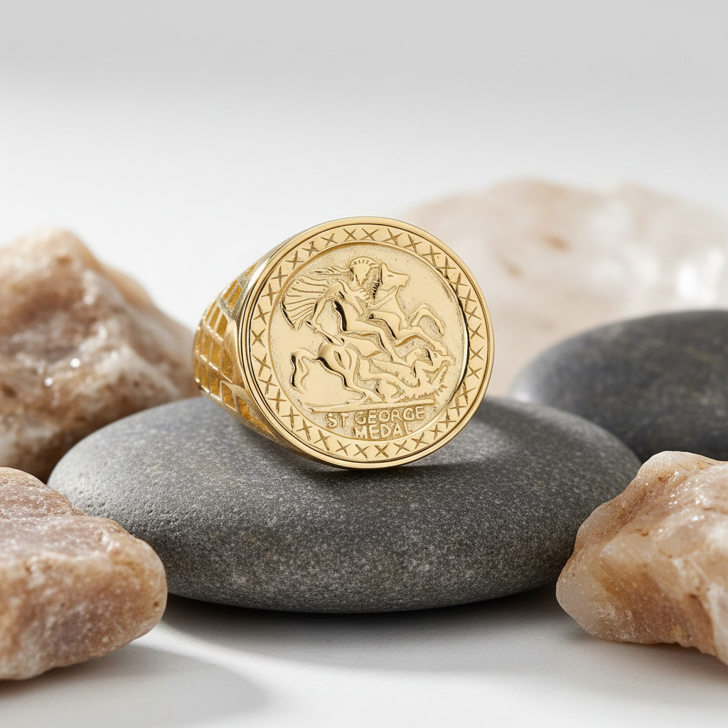 St George Coin Ring 18ct Yellow Gold set on smooth stones with a textured design for elegance