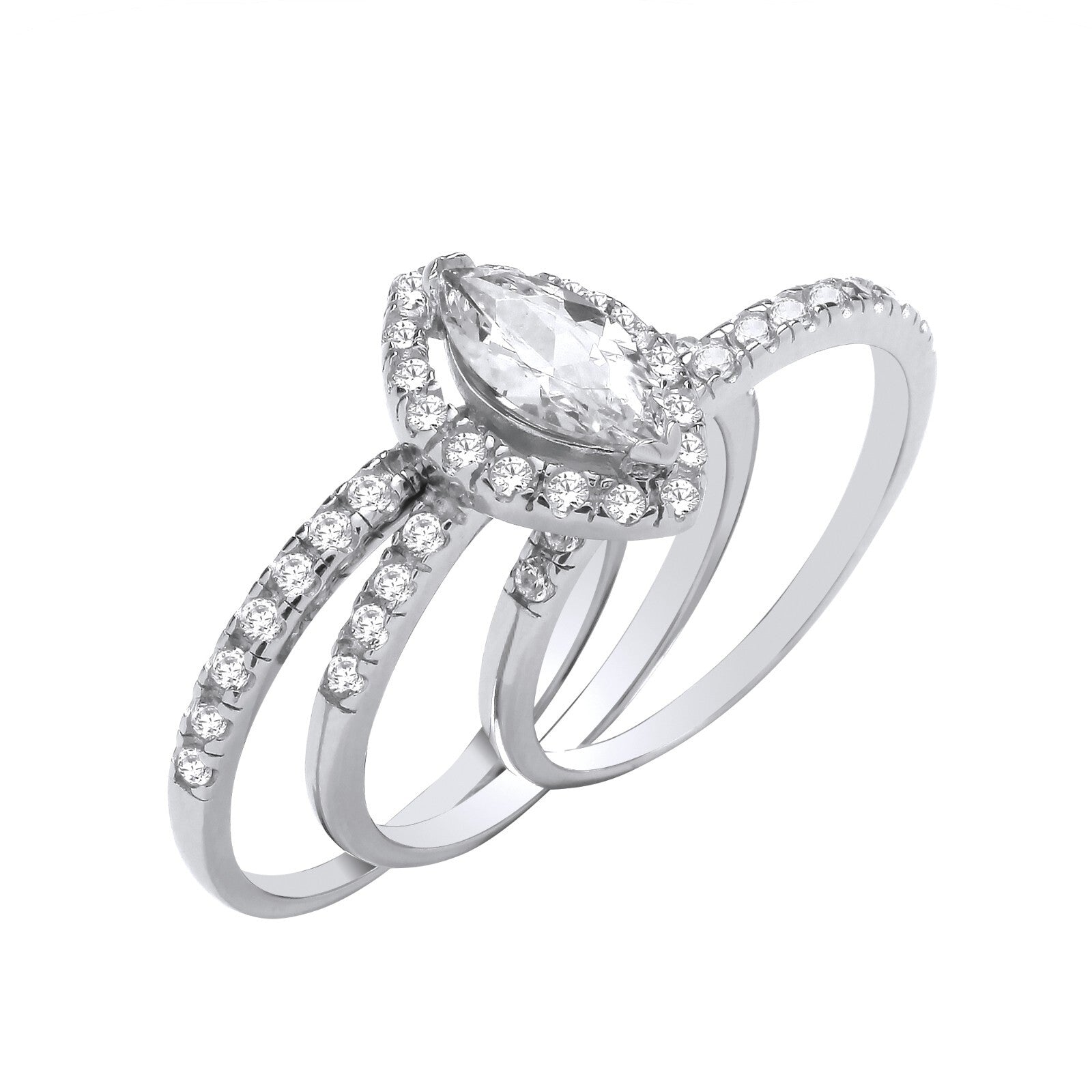 J R Jewellery sterling silver bridal ring set with marquise center stone and sparkling side diamonds