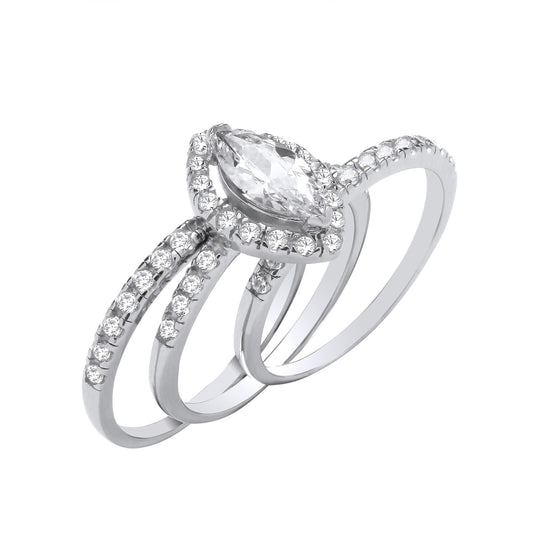J R Jewellery sterling silver bridal ring set with marquise center stone and sparkling side diamonds