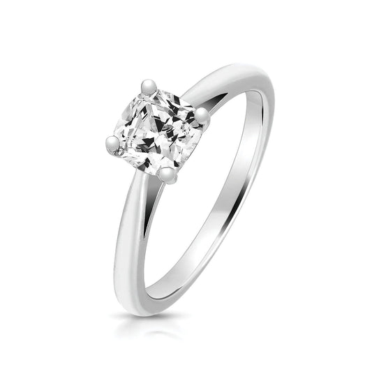 J R Jewellery sterling silver cushion solitaire ring with a sparkling cushion-cut gemstone on a sleek band