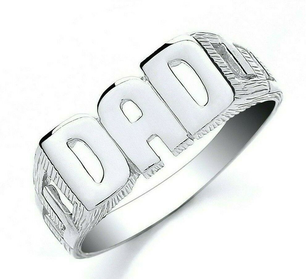 Sterling silver dad ring with bold block letters DAD engraved on textured band by J R Jewellery