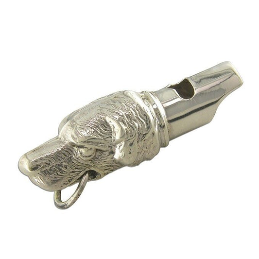 Sterling silver dog whistle shaped like a detailed dog head by J R Jewellery
